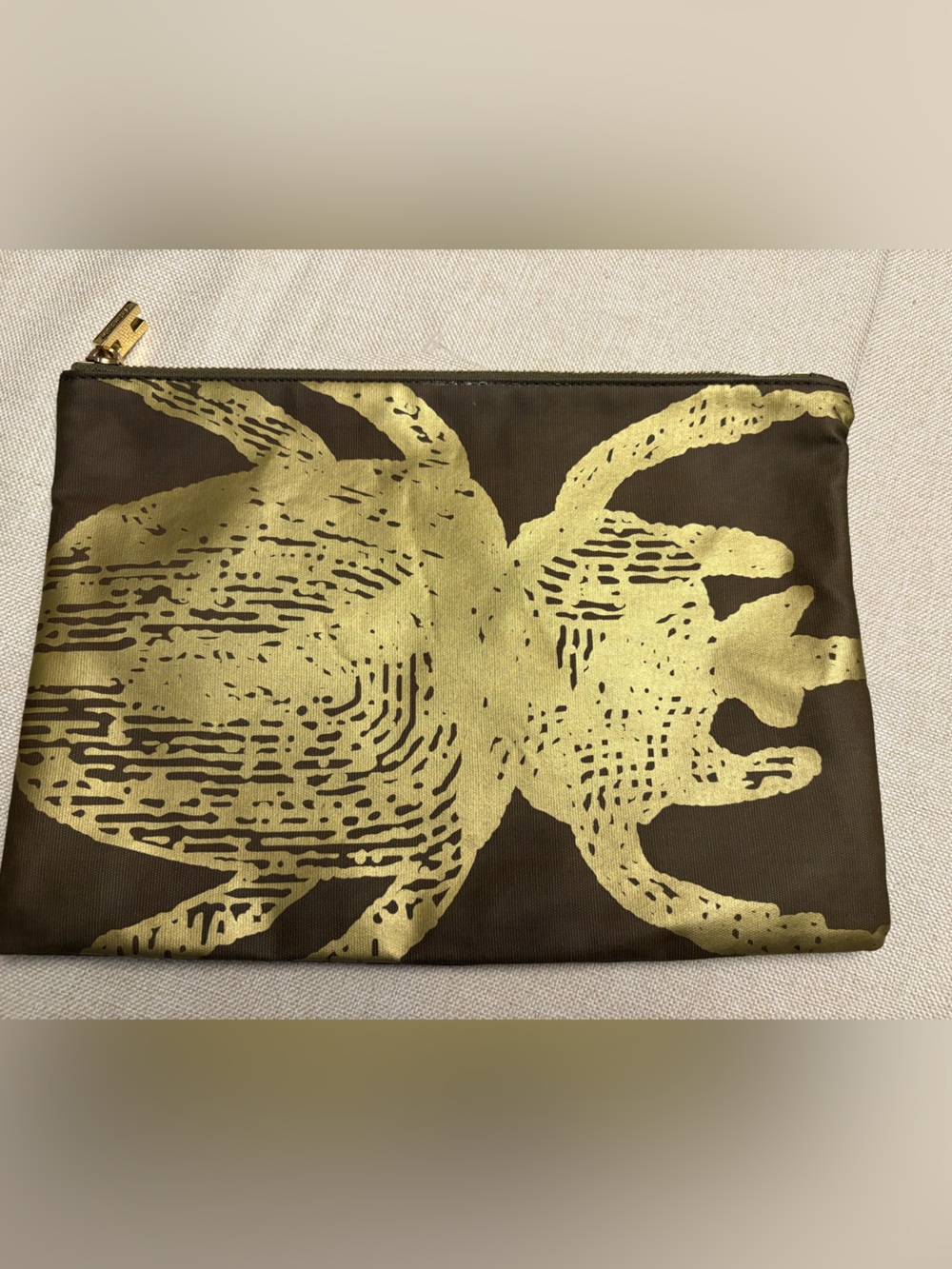 India Hicks Olive Canvas & Metallic Gold Beetle Large Cosmetic Bag Pouch Clutch